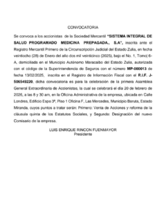 Convocatoria Primera Asamblea General Extraordinaria de Accionistas Sistema Integral de Salud Programado Medicina Prepagada, S.A