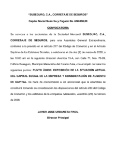 Convocatoria Suseguro, C.A. Corretaje de Seguros
