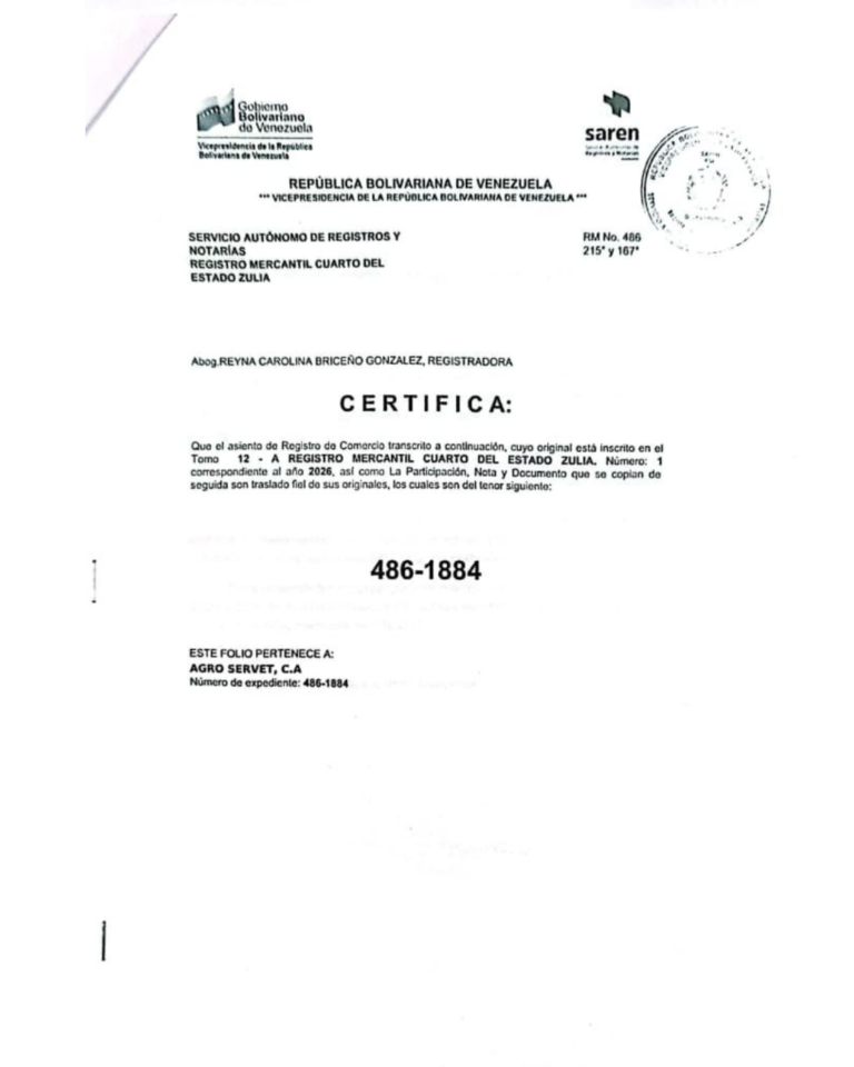 Registro Mercantil Agro Servet, C.A Expediente Nro 486-1884