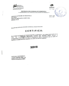 Registro Mercantil Chops Centro Sur, C.A Expediente 32918