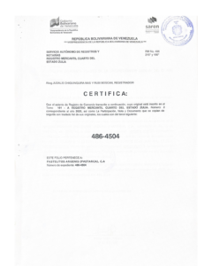 Registro Mercantil Pastelitos Argenis (Pastarca), C.A Expediente Nro 486-4504