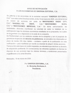 Aviso de Notificación a Los Accionistas de Sinergia Editorial, C.A