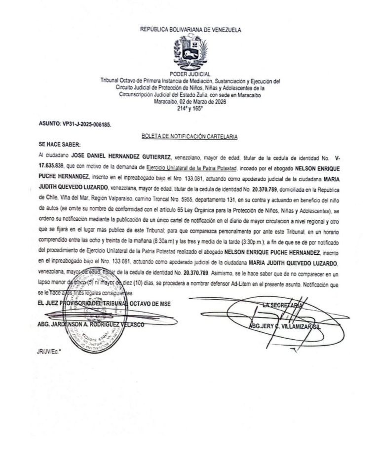 Boleta de Notificación Cartelaria Asunto VP31-J-2025-006185
