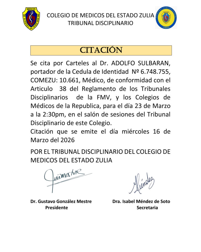 Cartel de Citación Colegio de Médicos del Estado Zulia Tribunal Disciplinario COMEZU 10.661