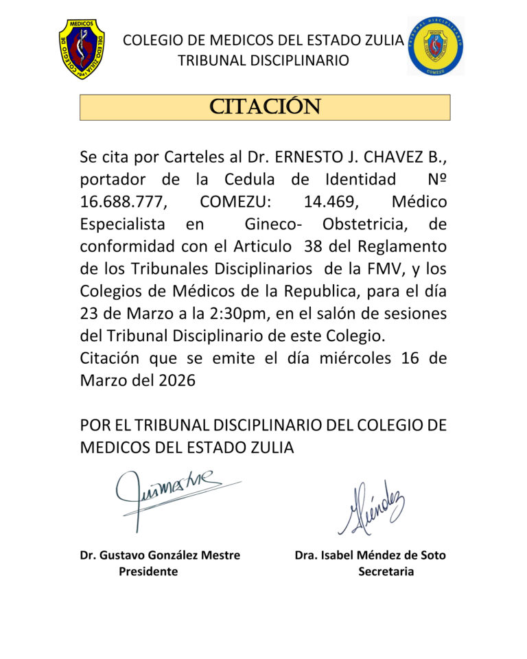 Cartel de Citación Colegio de Médicos del Estado Zulia Tribunal Disciplinario COMEZU 14.469