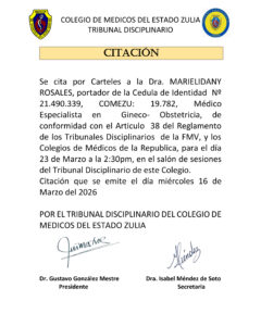 Cartel de Citación Colegio de Médicos del Estado Zulia Tribunal Disciplinario COMEZU 19.782