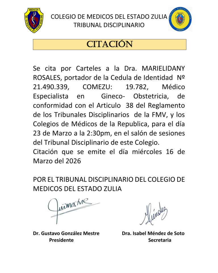 Cartel de Citación Colegio de Médicos del Estado Zulia Tribunal Disciplinario COMEZU 19.782