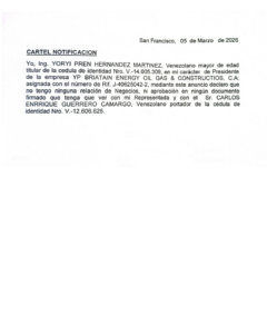 Cartel de Notificación YP Britain Energy Oil Gas & Constructivos, C.A