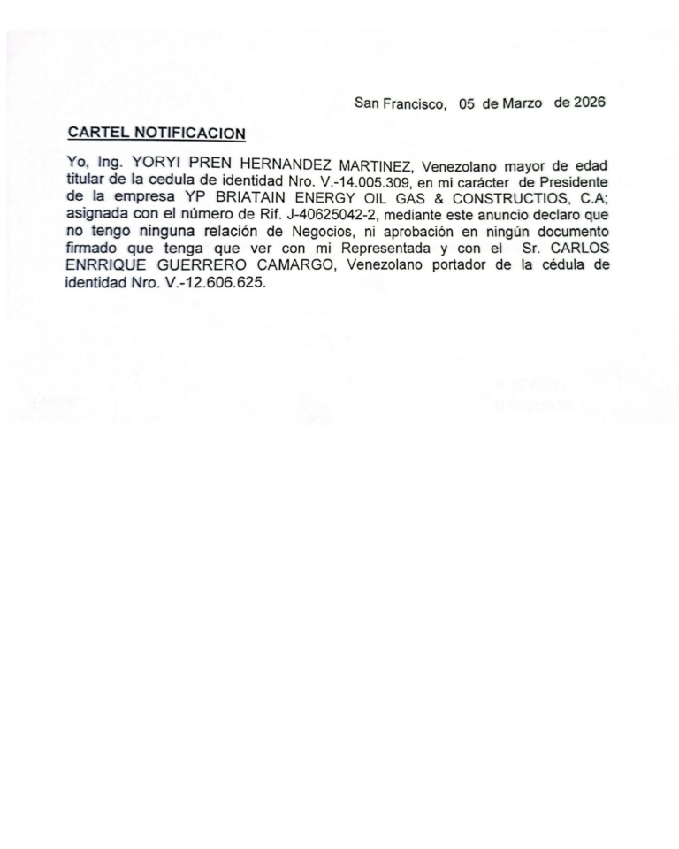 Cartel de Notificación YP Britain Energy Oil Gas & Constructivos, C.A