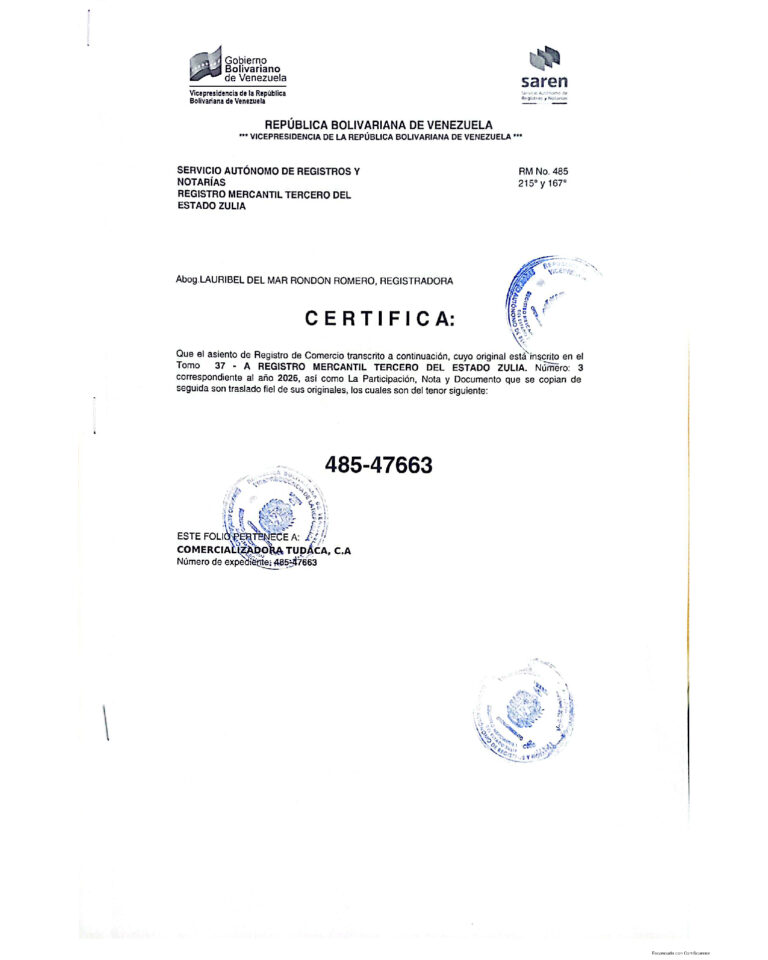 Comercializadora Tudaca, C.A Expediente Nro 484-47663