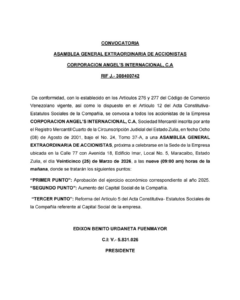 Convocatoria Asamblea Extraordinaria de Accionistas Corporación Angel’s Internacional, CA