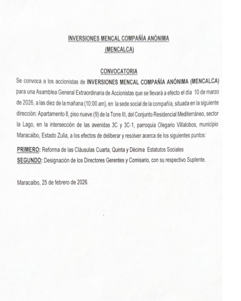Convocatoria Asamblea Extraordinaria de Accionistas Inversiones Mencal, C.A