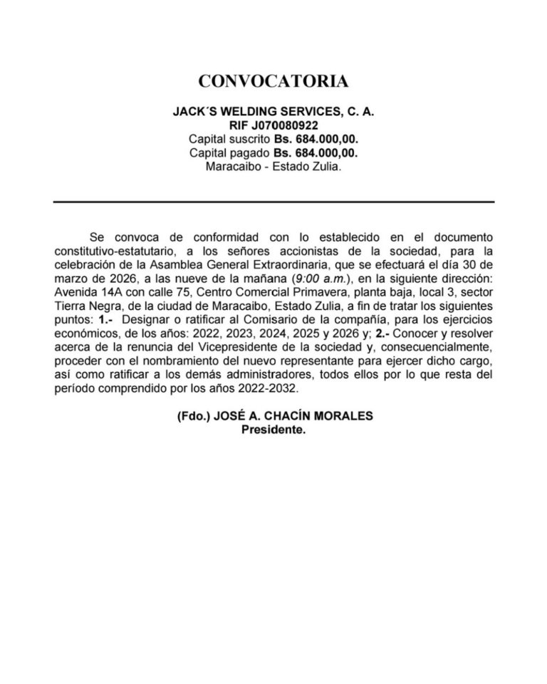 Convocatoria Asamblea General Extraordinaria Jack’s Welding Services, C.A