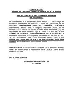 Convocatoria Asamblea General Extraordinaria de Accionistas Inmobiliaria Katicupi, C.A (Sucesión de Accionistas)