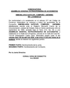 Convocatoria Asamblea General Extraordinaria de Accionistas Inmobiliaria Katicupi, C.A
