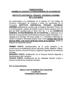 Convocatoria Asamblea General Extraordinaria de Accionistas Instituto Asistencial Privado, S.A