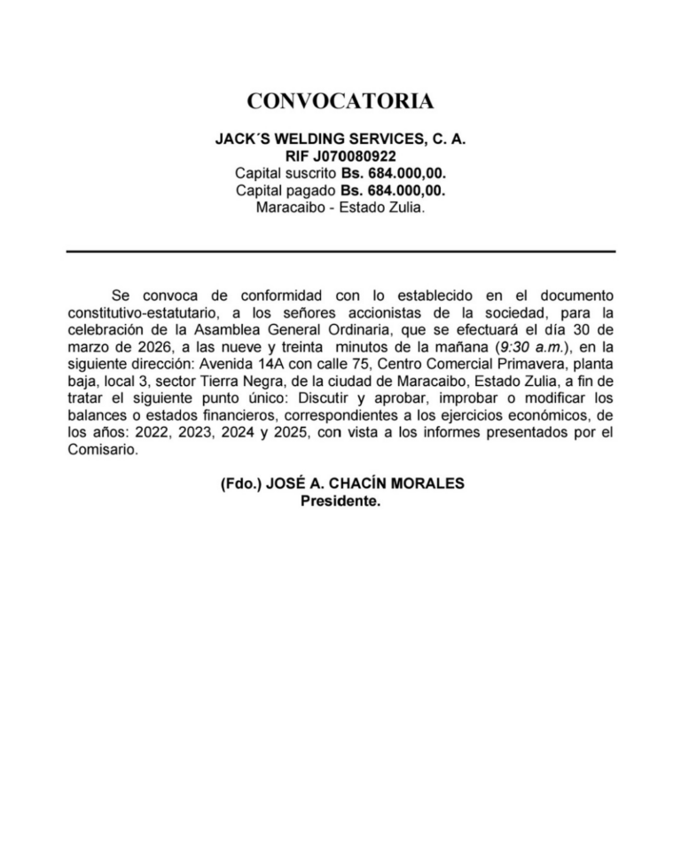 Convocatoria Asamblea General Ordinaria Jack’s Welding Services, C.A