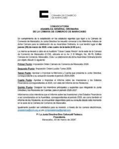 Convocatoria Asamblea General Ordinaria de la Cámara de Comercio de Maracaibo
