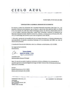 Convocatoria Asamblea Ordinaria de Accionistas Inversiones Cielo Azul C.A