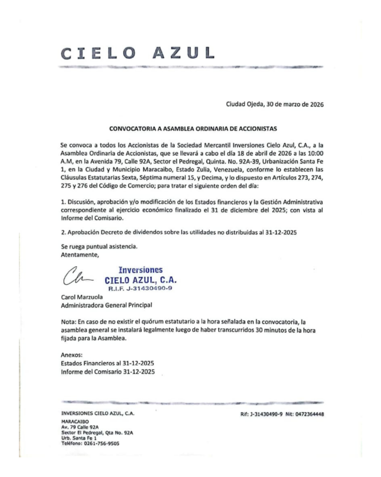 Convocatoria Asamblea Ordinaria de Accionistas Inversiones Cielo Azul C.A