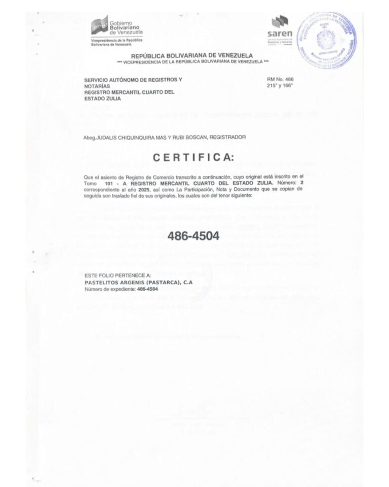 Registro Mercantil Pastelitos Argenis (PASTARCA), C.A Expediente Nro 486-4504