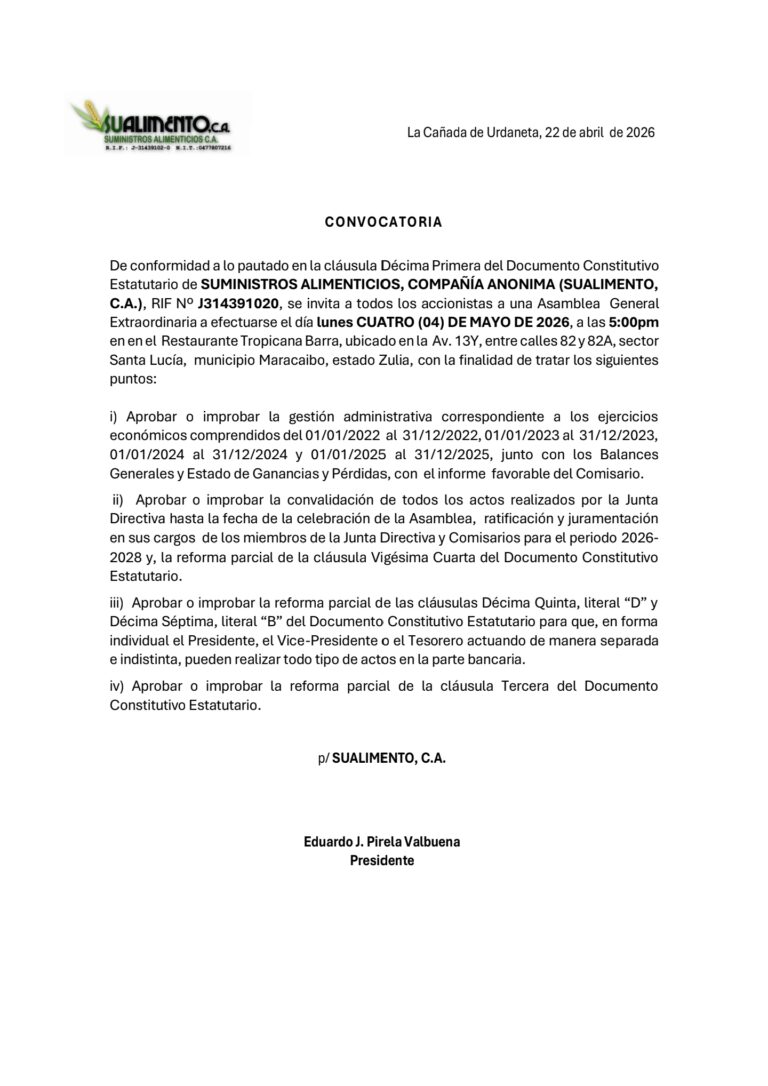 Asamblea General Extraordinaria de Accionistas Suministros Alimenticios, C.A