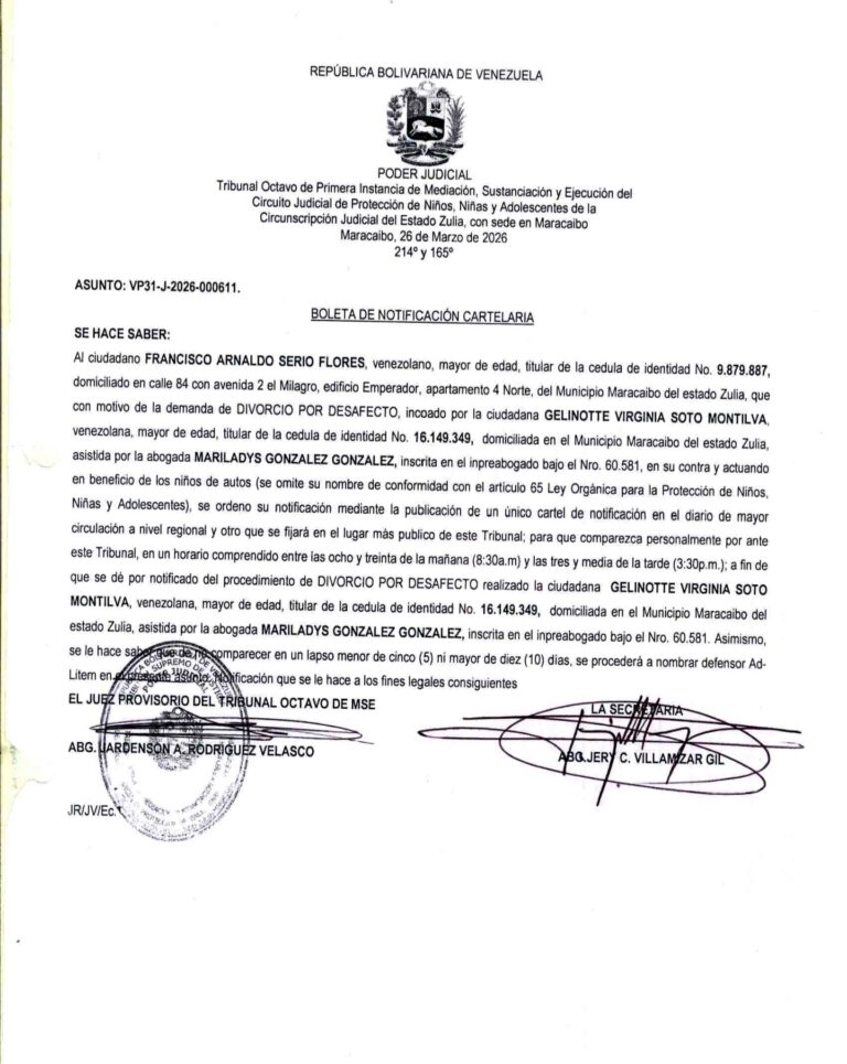 Boleta de Notificación Cartelaria Asunto VP31-2026-000611