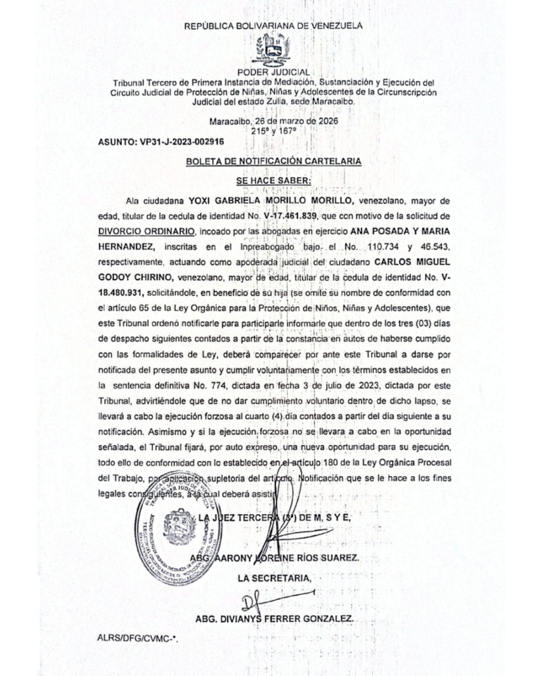 Boleta de Notificación Cartelaria Asunto VP31-J-2023-002916