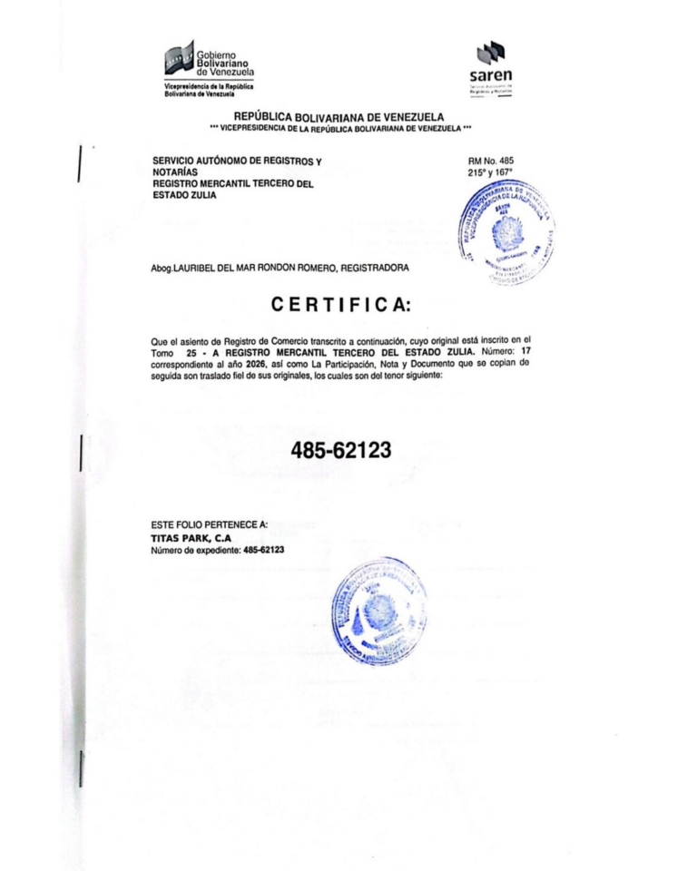 Registro Mercantil Titas Park, C.A Expediente Nro 485-62123