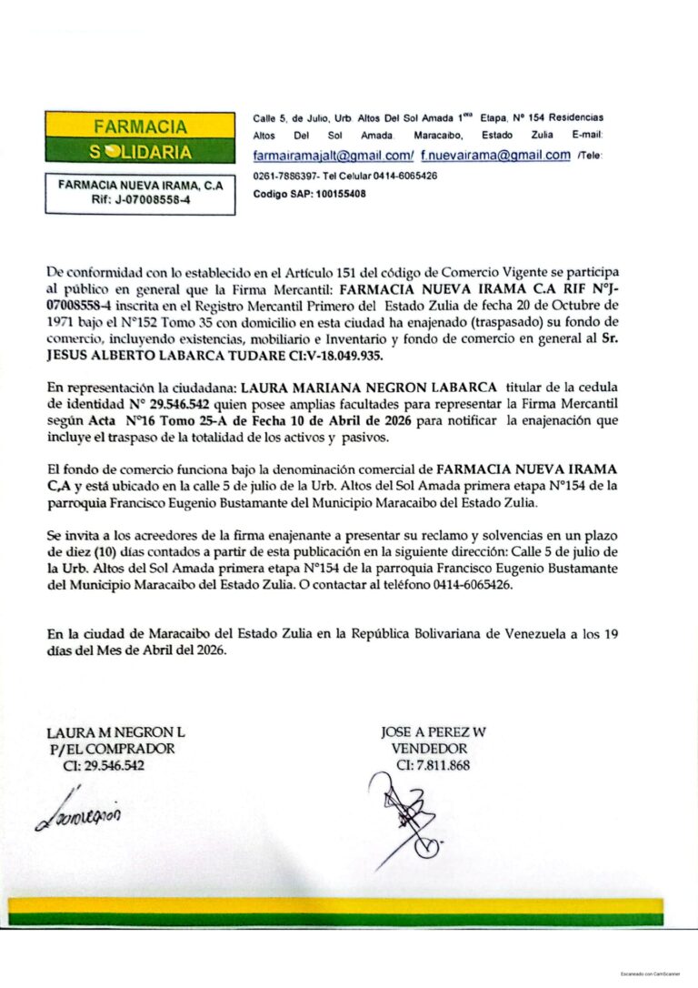 Cartel de Notificación Farmacia Nueva Irama, C.A