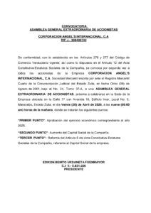 Segunda Convocatoria Asamblea Extraordinaria de Accionistas Corporación Angel’s Internacional, C.A