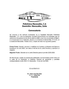 Convocatoria Asamblea Extraordinaria de Accionistas Policlinica Maracaibo, C.A