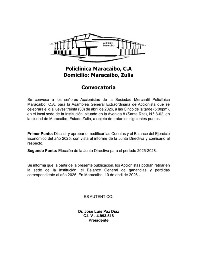 Convocatoria Asamblea Extraordinaria de Accionistas Policlinica Maracaibo, C.A