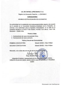 Convocatoria Asamblea Extraordinaria de Accionistas U.E. Dr Rafael López Baralt C.A