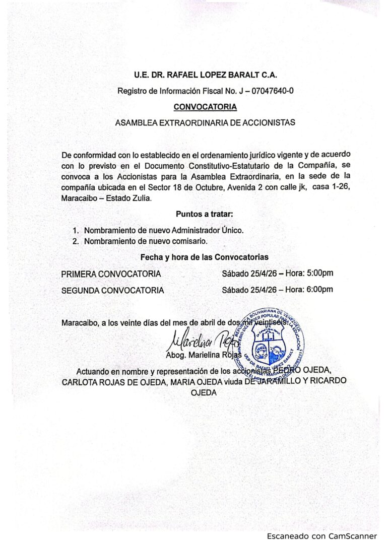 Convocatoria Asamblea Extraordinaria de Accionistas U.E. Dr Rafael López Baralt C.A
