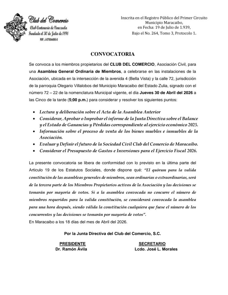 Convocatoria Asamblea Ordinaria de Miembros Club del Comercio