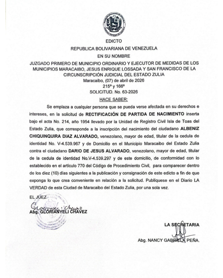 Edicto Solicitud Nro 63-2026