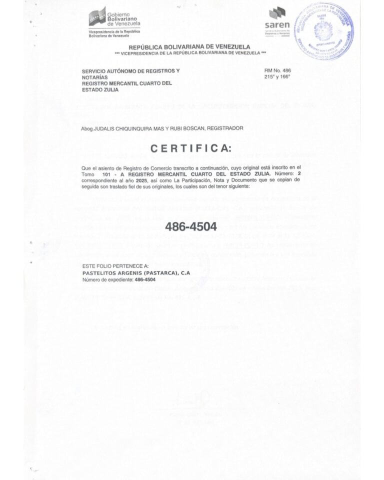 Registro Mercantil Pastelitos Argenis (PASTARCA), C.A Expediente Nro 486-4504