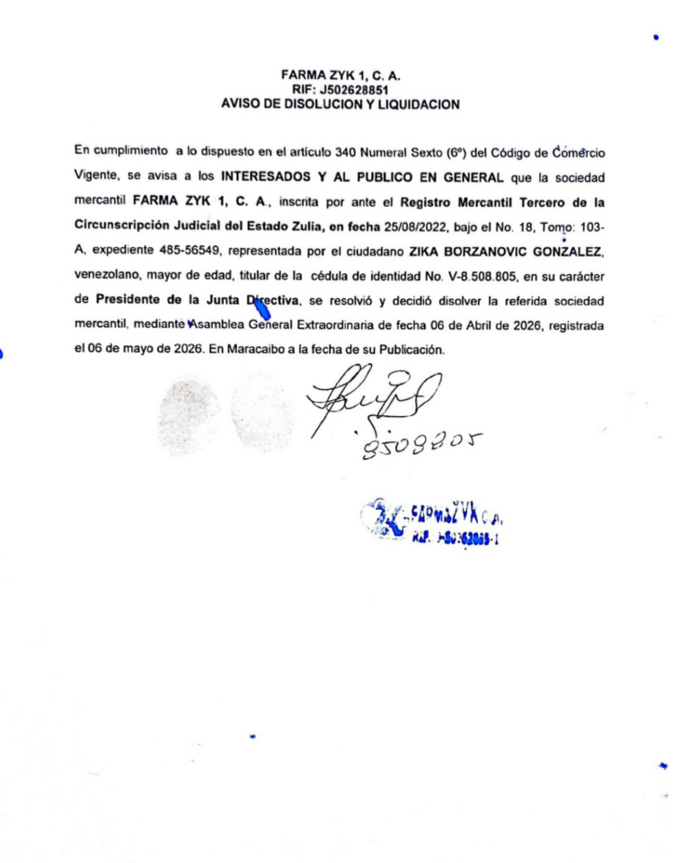 Aviso de Disolución y Liquidación Farma ZYK, C.A Expediente Nro 485-56549