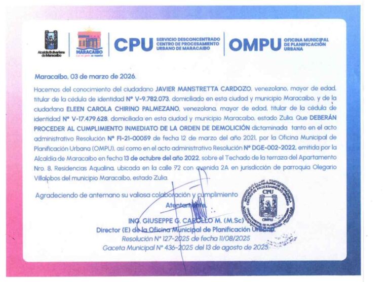 Cartel de Notificación Alcaldía de Maracaibo