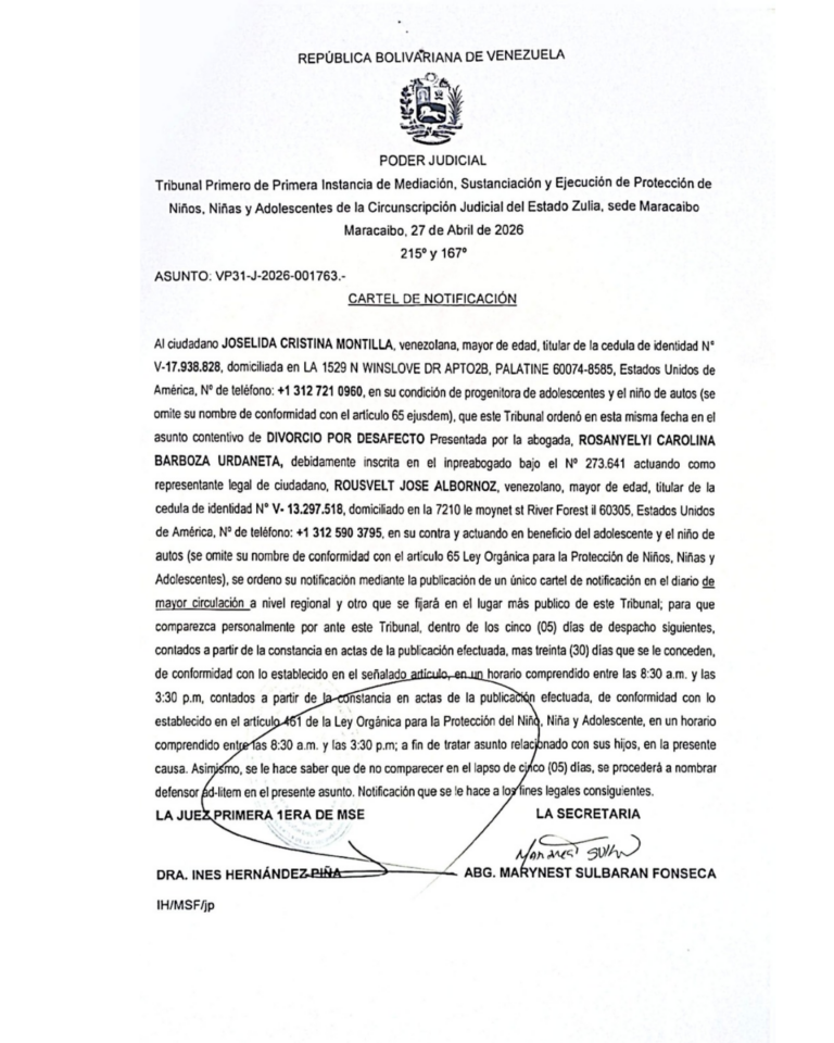 Cartel de Notificación Asunto VP31-J-2026-001763
