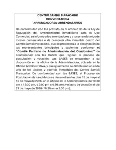 Convocatoria Arrendadores – Arrendatarios del Centro Comercial Sambil Maracaibo