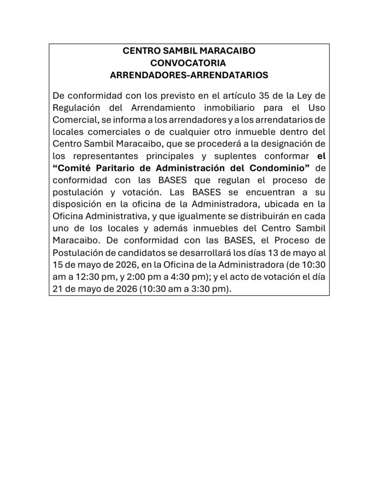 Convocatoria Arrendadores – Arrendatarios del Centro Comercial Sambil Maracaibo