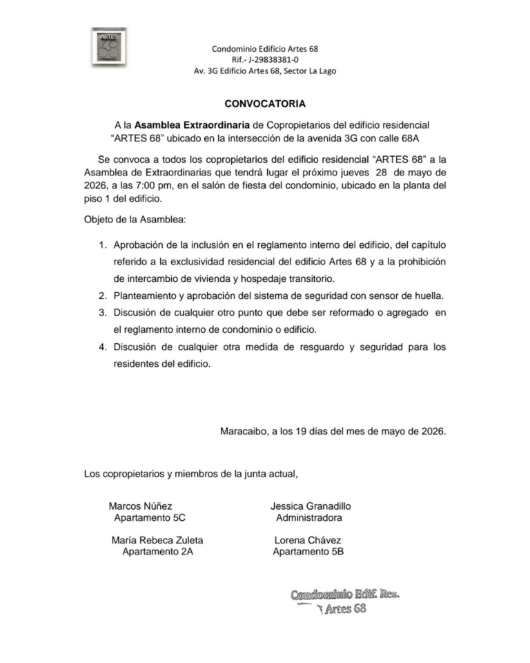Convocatoria Asamblea Extraordinaria de Copropietarios del Edificio Residencial Artes