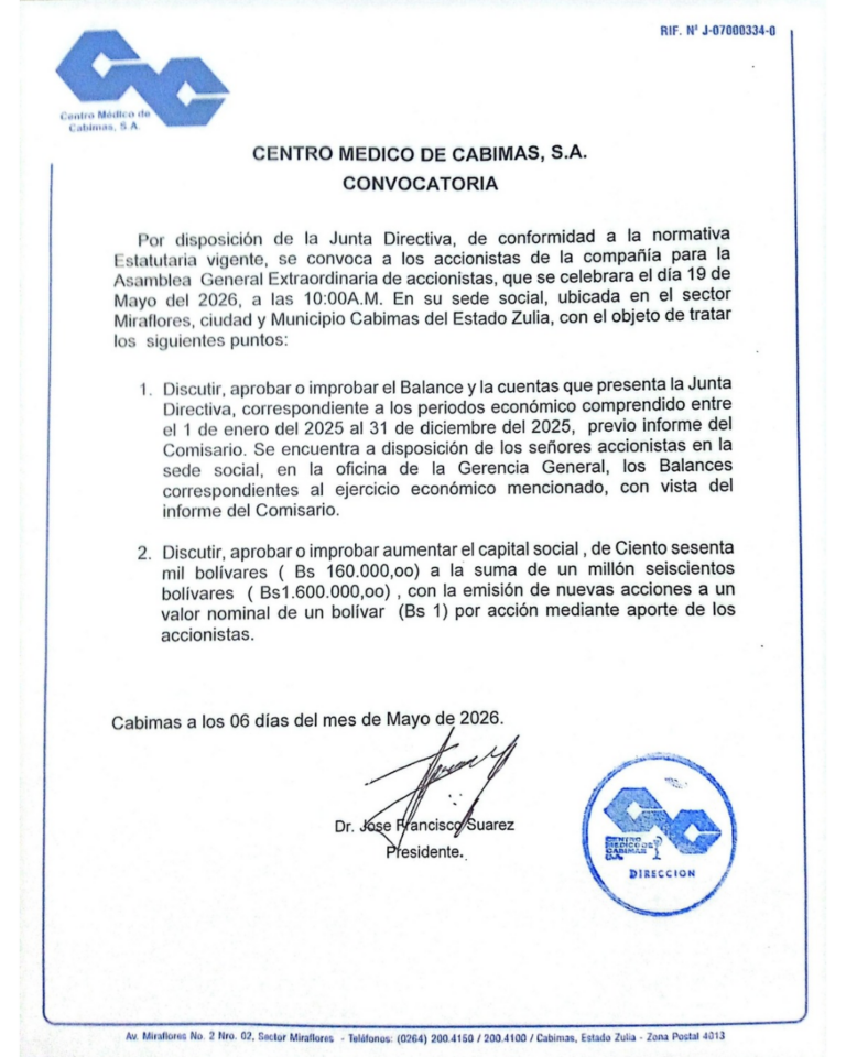 Convocatoria Asamblea General Extraordinaria de Accionistas Centro Médico Cabimas, S.A