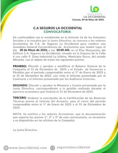 Convocatoria Asamblea General Extraordinaria de Accionistas Seguros La Occidental