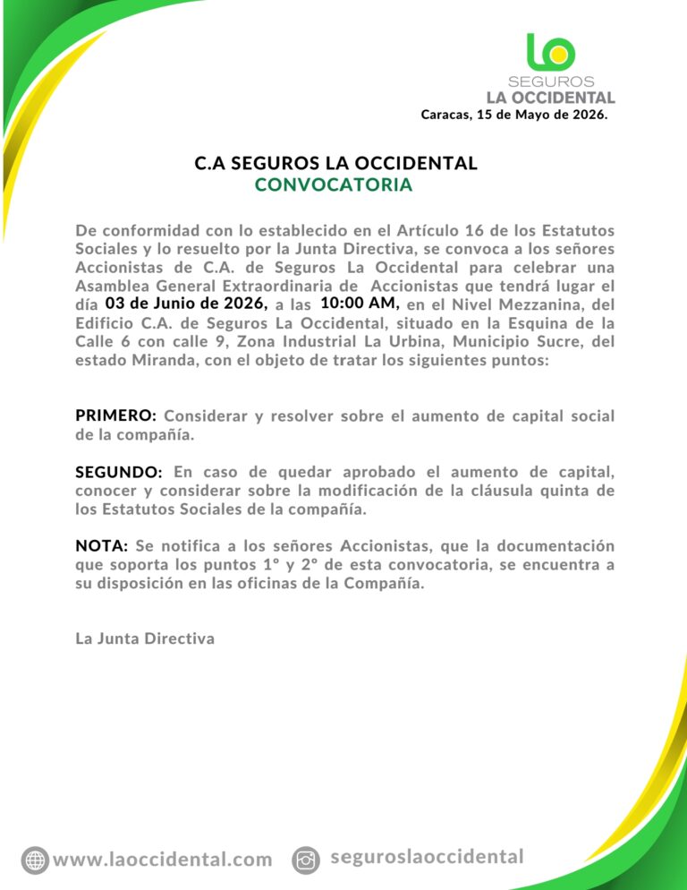Convocatoria Asamblea General Extraordinaria de Accionistas Seguros La Occidental