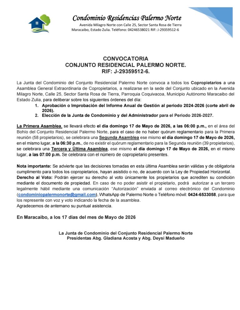 Convocatoria Asamblea General Extraordinaria de Copropietarios Conjunto Residencial Palermo Norte