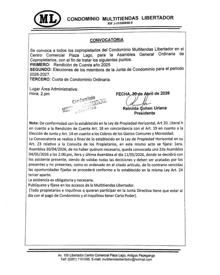 Convocatoria Asamblea Ordinaria de Copropietarios Condominio Multitiendas Libertador