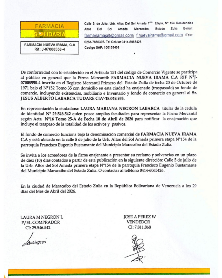 Convocatoria Farmacia Nueva Irama, C.A